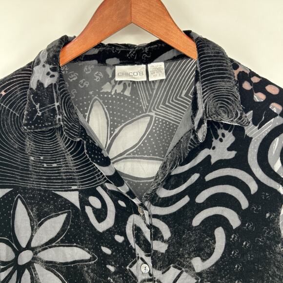 Chico’s Burnout Silk Velvet Blouse Womens 3 Black Fairy Grunge Whimsigoth Floral - Picture 4 of 10